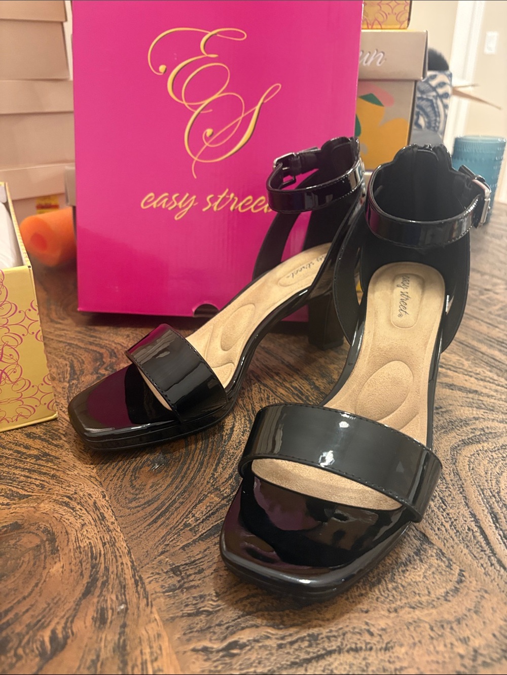easy street Black Patent Ankle-Strap Block Heels